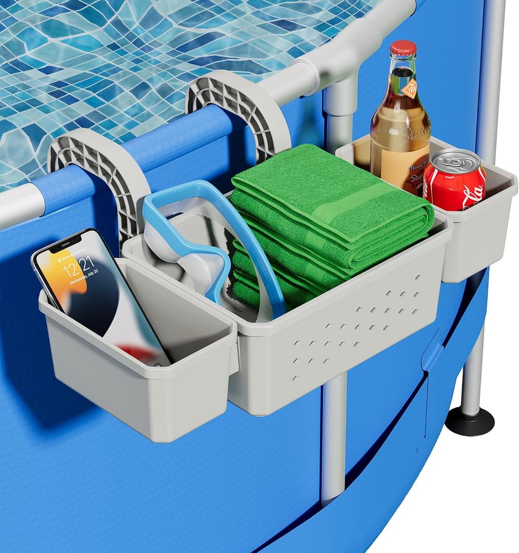 [Patented] Poolside Storage for Above Ground Pool Accessories, Thickened Plastic Pool Basket with 2 Pool Cup Holder, Multifunctional Poolside Holder Fits for Most Frame Pools (1 Pack)