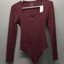 MANGOPOP Sweetheart V Neck Bodysuits for Women Long Short Sleeve Body Suits Tops Shirt (XS, Burgundy)