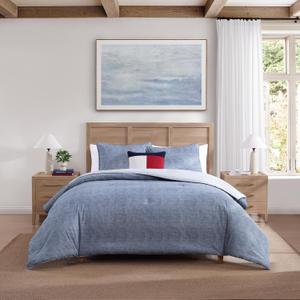 Tommy Hilfiger - Full/Queen Comforter Set, Textured Cotton Plain Weave Bedding with Matching Shams, Reversible, Medium Weight for Year-Round Use, Oeko-Tex Certified (Dark Blue)
