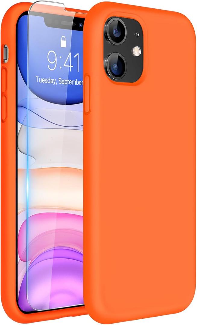 Miracase Designed for iPhone 11 Phone Case, with Screen Protector, Liquid Silicone Gel Rubber Full Body Drop Protection Shockproof Cover Phone Case for iPhone 11 6.1 inch, Orange