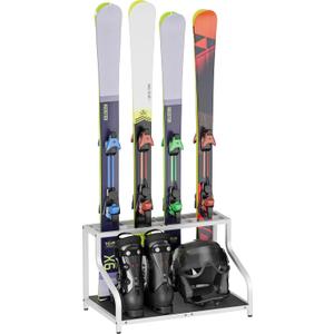 Mondazie Ski Storage Rack for Garage Freestanding Ski Holder for 4 Pair Skis, Boot, Helmet, Goggles, Indoor Snowboard Rack Organizer Stand for Home, Shed, Basement, White