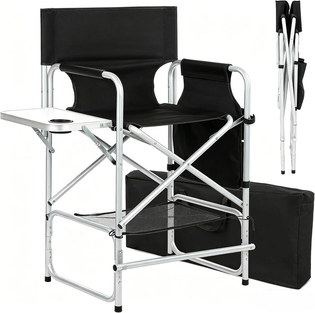 Makeup Artist Chair, 41'' Foldable Tall Directors Chairs w/Side Table Cup Holder Storage Bag and Footrest, Portable Makeup Chair, 400LBS Load Capacity, Black