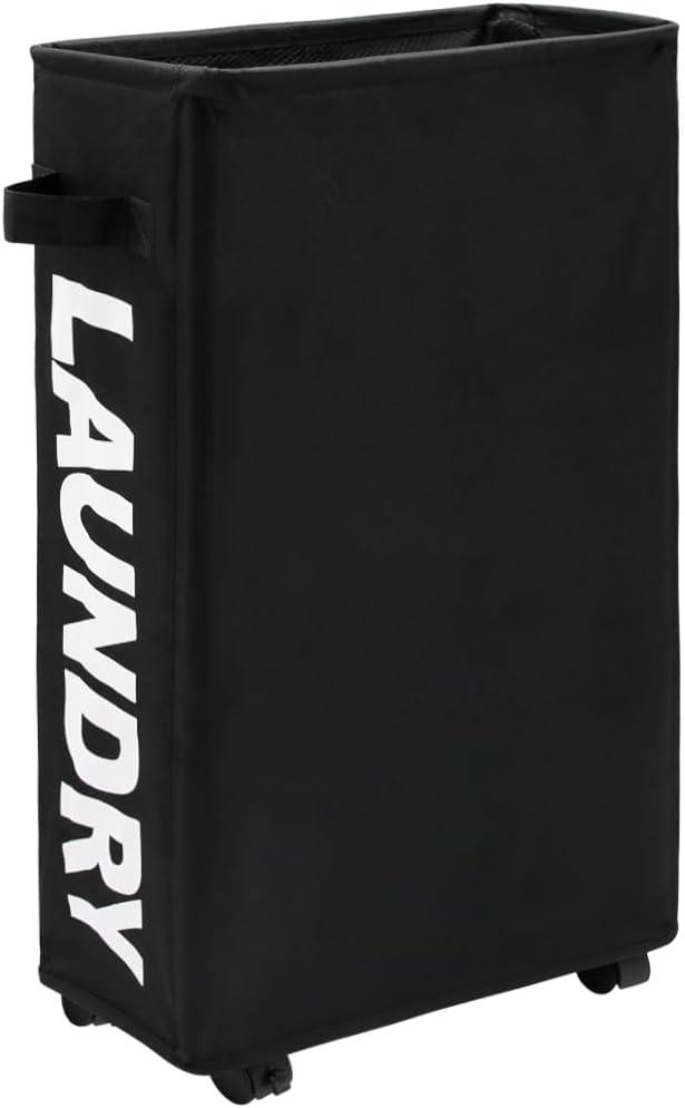 25" Slim Rolling Laundry basket on Wheels, 50L Collapsible Narrow Corner Laundry Hamper, Foldable Storage Bins, Black