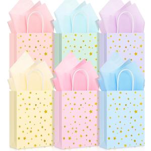 Pajean 24 Pack Star Party Favor Bags Gift Bags with Handle Colorful Paper Star Goodie Bag Kraft Goodies Treat Bag with Tissues for Birthday Baby Shower Wedding Party Favors Supplies