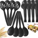 Reusable Plastic Serving Utensils Set of 12, Wheat straw Large Serving set 10" Serving Spoons/10" Slotted Spoons/9.4" Tongs, for Party Buffet Catering (Black, Not for Cooking)