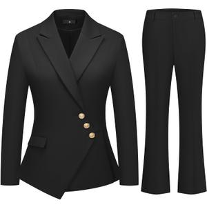 Women's 2 Piece Suit Set Slim Fit Dressy Asymmetric Blazer and Bootcut Pants Set for Work Office Business Casual Outfits Size L