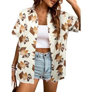 Western Shirts for Women Cowgirl Shirt Cowboy Outfit Country Rodeo Tops Hawaiian Vacation Button Up Short Sleeve Blouses (Medium, Aztec Apricot)