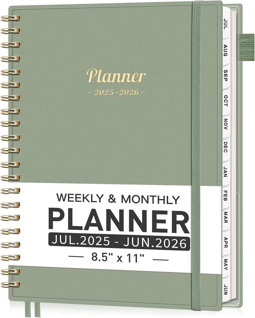 AHGXG Planner 2025-2026, Weekly and Monthly Academic Teacher Planner, JUL 2025 - JUN 2026, 8.5" x 11", Calendar 2025 with Monthly Tabs, Inner Pocket, Spiral Bound, Ideal for Office Home School Supplies, Sage Green