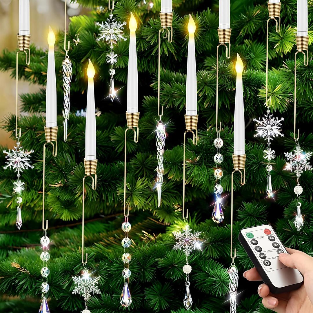 Flutesan Christmas Tree Candles with Remote Timer 24 Pack LED Crystal Candle Lights Battery Operated Christmas Candles with Crystal Ball Teardrop Snowflake Ice Pick and Hook Xmas Tree Hanging Ornament