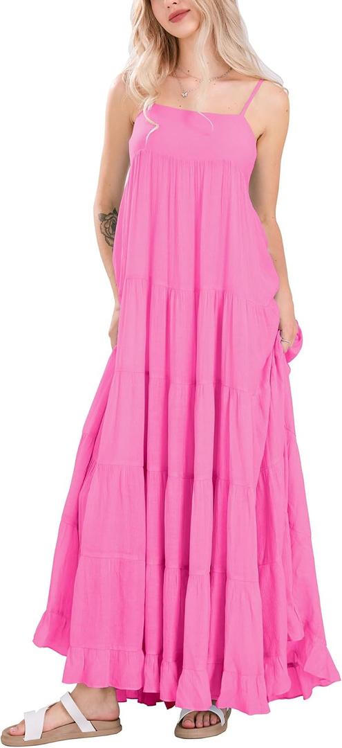chouyatou Women's Summer Boho Flowy Spaghetti Strap Maxi Dress Smocked Back Casual Swing Beach Sundress (Pink, S)