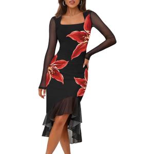 MEROKEETY Women's 2026 Wedding Guest Dress Bodycon Long Sleeve Square Neck Ruched Mesh Cocktail Party Holiday Midi Dresses (Black, M)