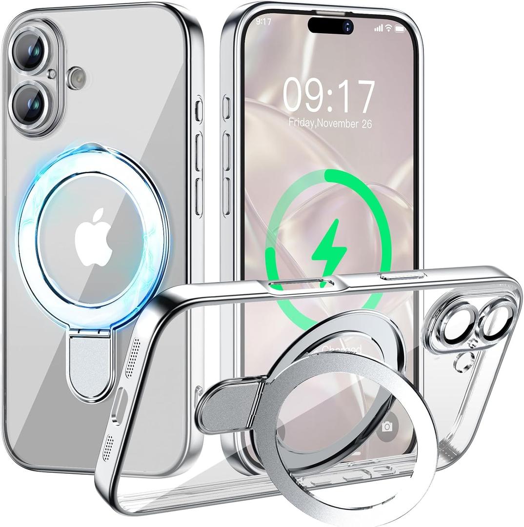 Magnetic for iPhone 17 Case with Invisible Stand[Compatible with MagSafe][Full Camera Lens Protector][Military Drop Protection] Shockproof Not Yellowing Clear Slim Soft for Women Men (Silver)