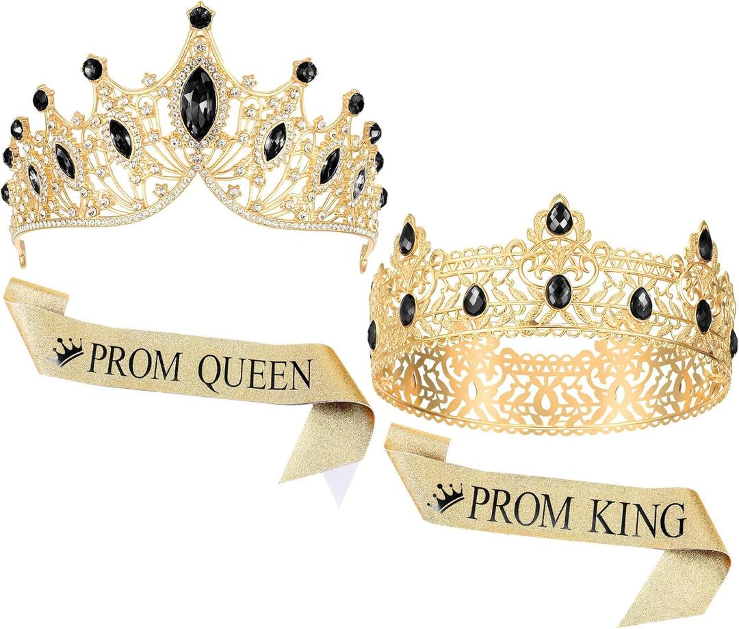 4 Pcs Prom King and Queen Crowns and Sashes Set Graduation Prom King and Queen Tiara Sash for 80's Prom Party Favors(Black) 4 Pcs Prom King and Queen Crowns and Sashes Set Graduation Prom King and Queen Tiara Sash for 80's Prom Party Favors(Black)