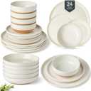 AmorArc Ceramic Dinnerware Sets with Pasta Bowls for 6, Handpainted Plates and Bowls Set with Rustic Terracotta Underside, Scratch Resistant Dishes Set, Dishwasher & Microwave Safe, 24 Pcs (Light Beige)