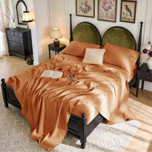 SONORO KATE 100% French Pure Linen Sheets, Breathable and Durable Linen King Size Sheets, Anti-Tear Linen Bed Sheets, Machine Washable, 16 Inch Deep Pocket - 4 Piece (Orange, King)
