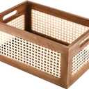 Wooden Storage Basket with Handle & Bamboo Woven Panel | Woven rattan organizer box, boho decorative, 11.81×7.87×5.51in, pantry, shelf, kitchen, closet, countertop, bathroom storage