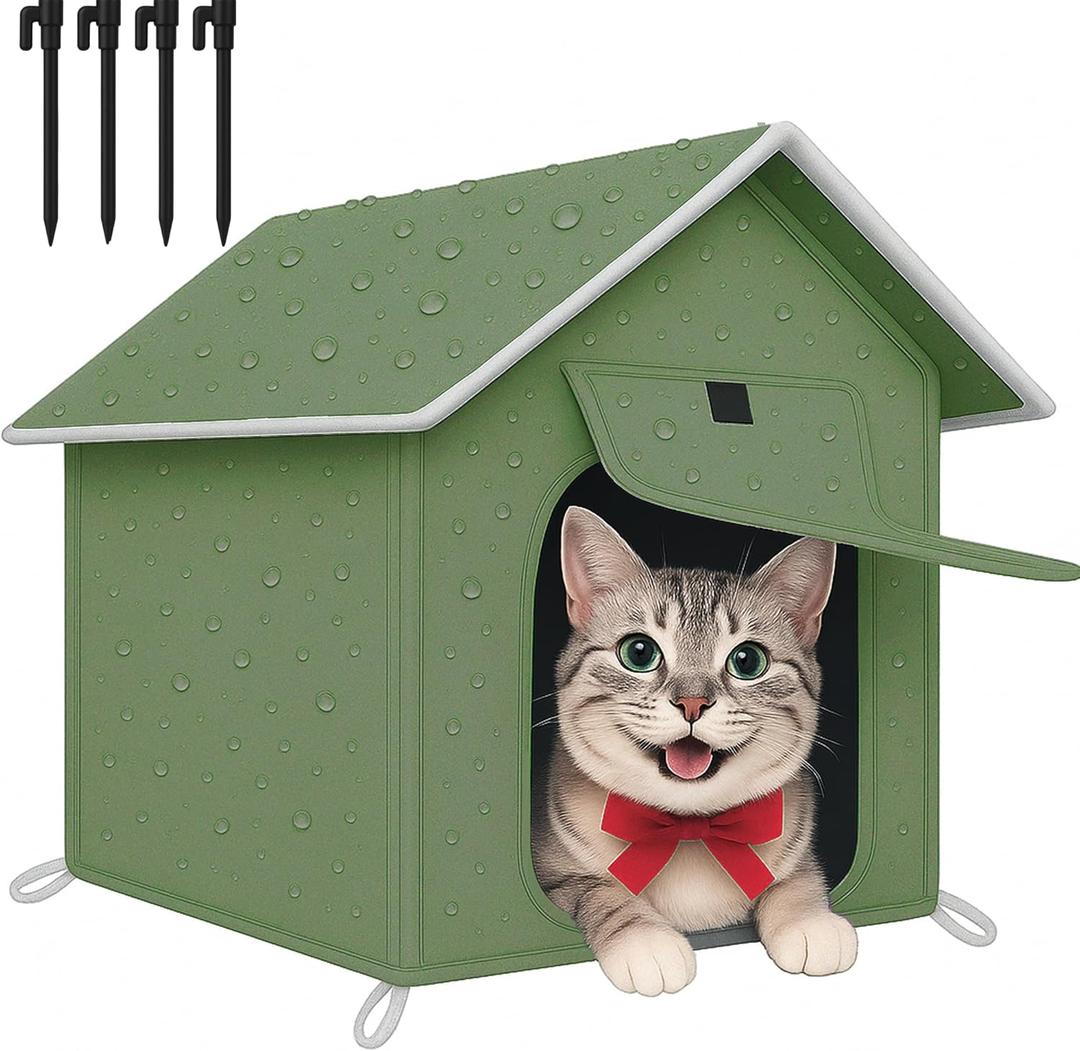 Outdoor Cat House with Cozy Cushion, Waterproof Insulated Cat Houses for Outdoor Cats, Shelter for Feral Pet Outside, Design for All Weather, Green