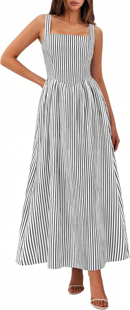 PRETTYGARDEN Women's Maxi Dress Summer Striped Sundress 2026 Spring Smocked A Line Long Flowy Beach Vacation Party Dresses (XL)