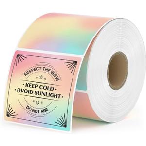 MUNBYN 2x2 Thermal Sticker Labels, Rainbow Color Square Thermal Labels for Small Business, Logo Design, Baking, 500 Sheets/1 Roll (Iridescent)