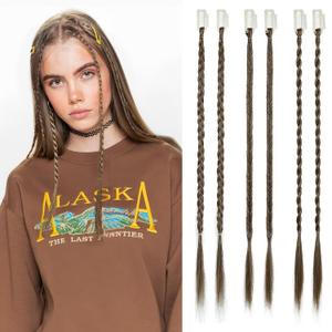 REECHO 6PCS Clip in Braid Hair Extensions for Women 14 Inch Clip in Braids Synthetic Braided Hairpieces for Daily Costume Party, Chocolate Brown with Highlights