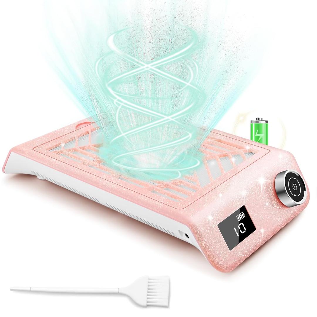 Kredioo Nail Dust Collector Rechargeable Professional 10 Speeds Nail Tech Must Haves Christmas Gift, Reusable Filter, Large Vacuum Area, Quiet Turbo Fan, Cordless Portable, Pink