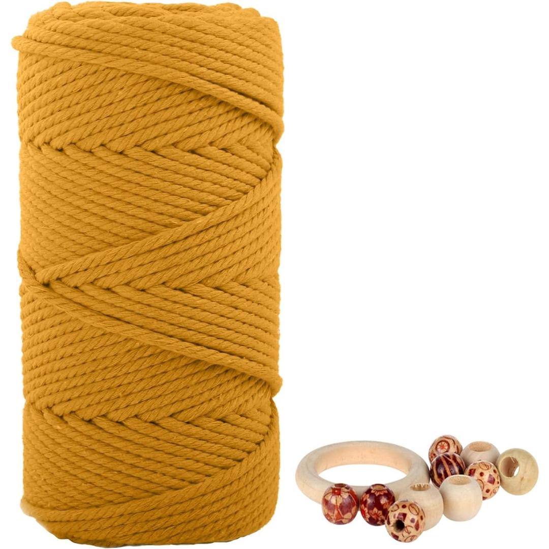Macrame Cotton Cord 5mmx109 Yard 4 Strand, Munzong Natural Handmade 4 Twisted Cotton Rope for Wall Hanging Weaving Tapestry DIY Craft Knitting Plant Hanger Gift Wrapping Wedding Decor(100m, Golden)