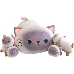 Siamese Cat Plush Cute Siamese Cat Stuffed Animal Pillow with 4 Baby Plushies in Her Tummy, Soft Cotton Stuffed Animals Toy Gifts for Kids