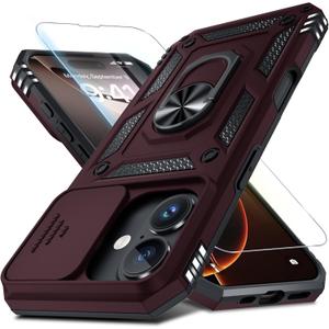 Janmitta Case for iPhone 15 Pro Phone Cover Built in Slide Camera Lens Cover+Screen Protector,Heavy Duty Shockproof Full Body PhoneCase with Finger Ring Holder Kickstand,Wine Red
