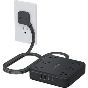 TESSAN Black Extension Cord with Fast Charger, Surge Protector Power Strip with 6 Outlets and 4 USB Ports (2 USB C), 2100 Joules Protection, Flat Plug, Multi Outlet Extender for Home, Office, Dorm (5 FT)