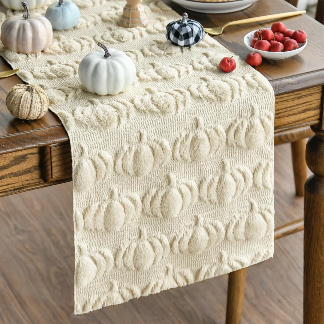 Artoid Mode Beige Soft Plush Faux Fur Jacquard Pumpkins Fall Table Runner, Seasonal Autumn Kitchen Dining Table Decoration for Home Party Decor 13x36 Inch