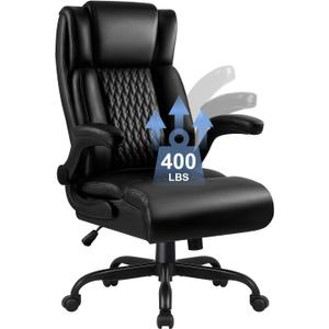 Big and Tall Office Chair, Ergonomic Leather Office Computer Desk Chair, Black Heavy Duty Office Chair with Flip-up Armrest, Comfortable High Back Home Chair 400 LBS with Lumbar Support