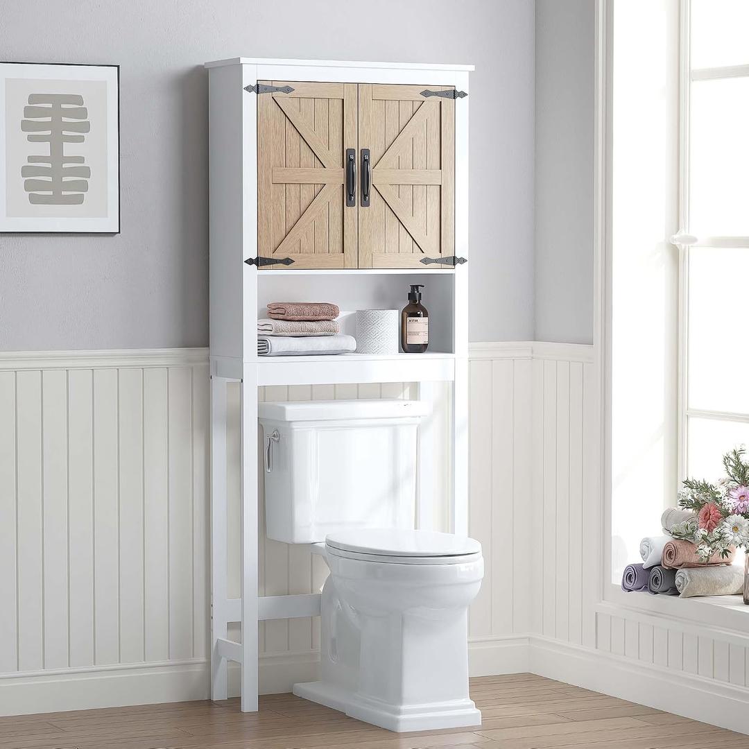 Spirich Over The Toilet Storage Cabinet, Farmhouse Over Toilet Bathroom Organizer with Wood Grain Barn Doors and Adjustable Shelves, White