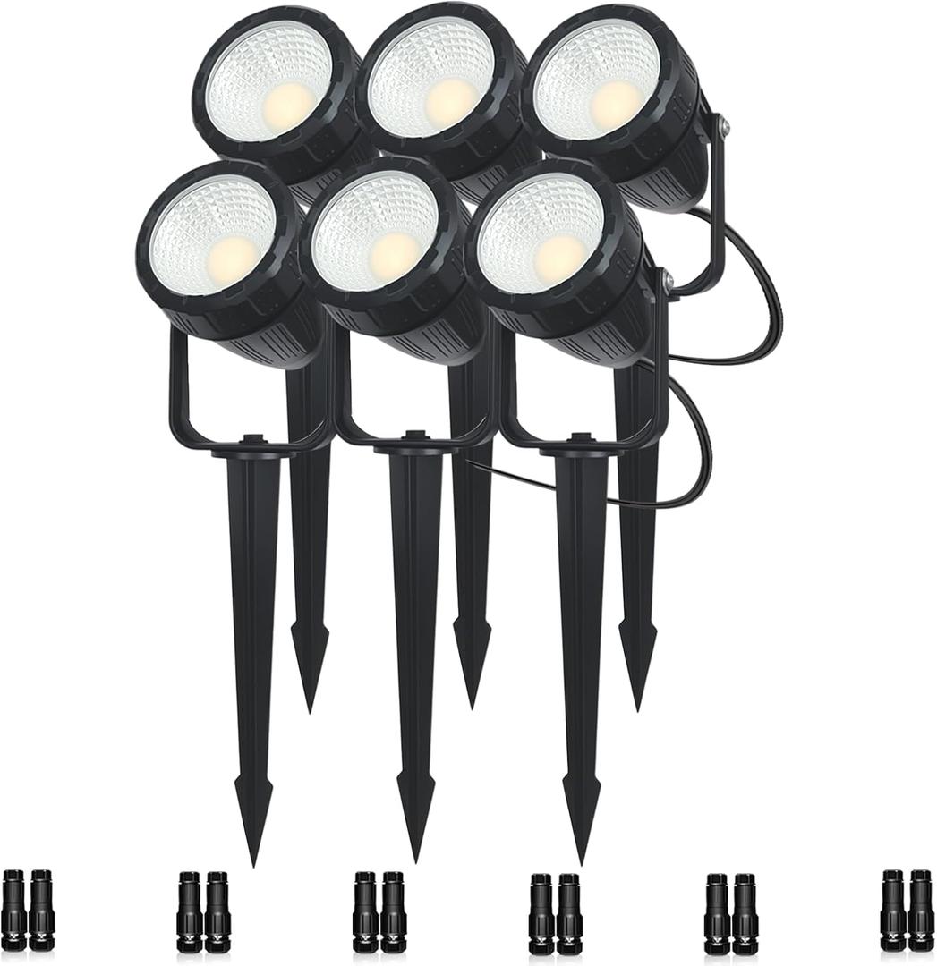 Low Voltage Safety Landscape Lights Outdoor: 7W 840LM LED Landscape Lighting with Connectors & Transformer for Tree Garden Yard Pathway | 24V Warm Yellow 3000K Spotlights | IP65 Waterproof | 6 Pack