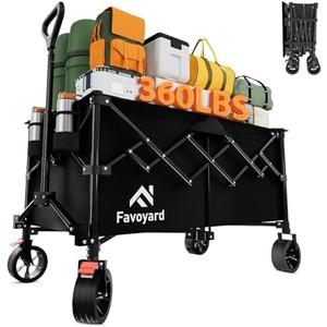 Favoyard Extra Large Collapsible Wagon Carts Foldable 360LBS Heavy Duty Beach Wagons with Big Wheels & Brakes Portable Folding Cart for Shopping Grocery Utility Sports Garden Camping Outdoor, Black