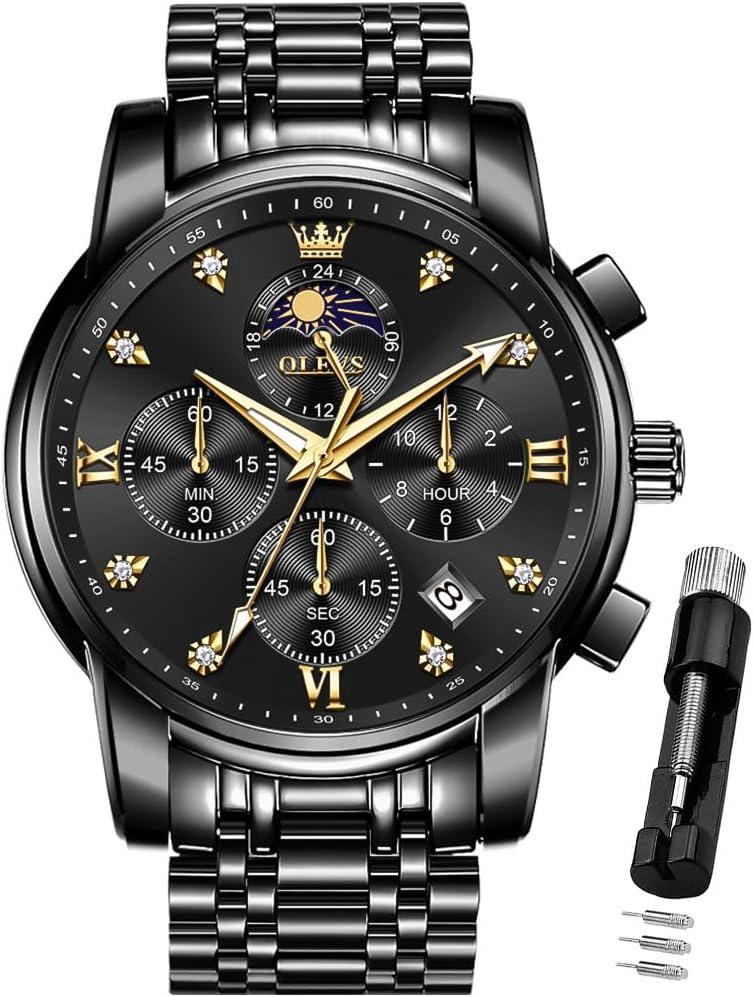 OLEVS Watch for Men Diamond Business Dress Analog Quartz Stainless Steel Waterproof Luminous Date Two Tone Luxury Casual Wrist Watch Blue (black watches 3655)