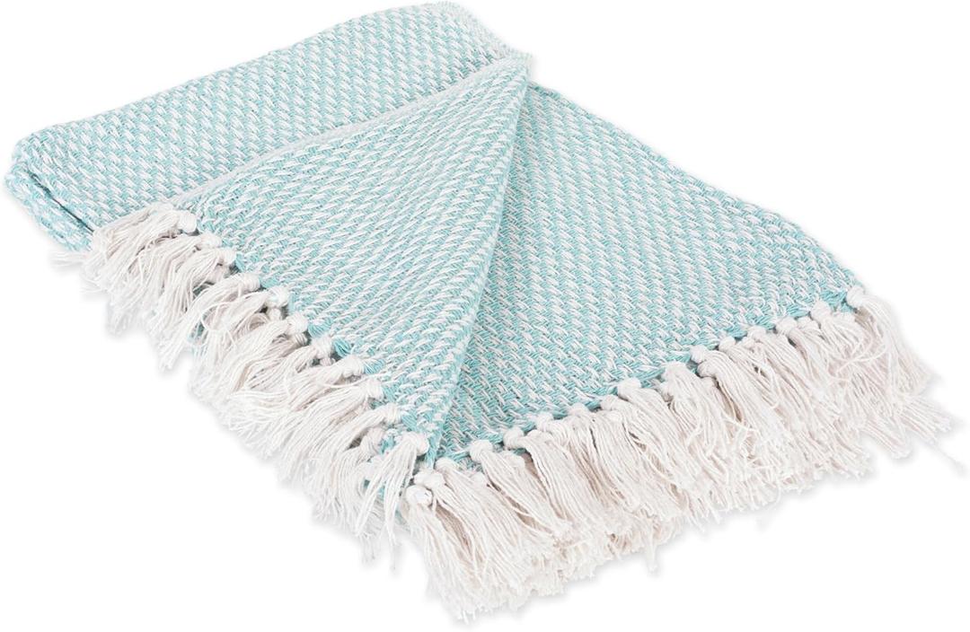 DII 100% Cotton Basket Weave Throw for Indoor/Outdoor Use Camping Bbq's Beaches Everyday Blanket, 50 x 60, Woven Stripe (Aqua)