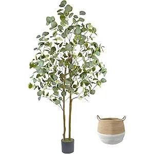 Artificial Eucalyptus Tree, 5ft Tall Fake Eucalyptus Plant with Woven Basket, 60'' Silk Leaves Faux Tree for Indoor Home Office Livingroom Garden Floor Décor