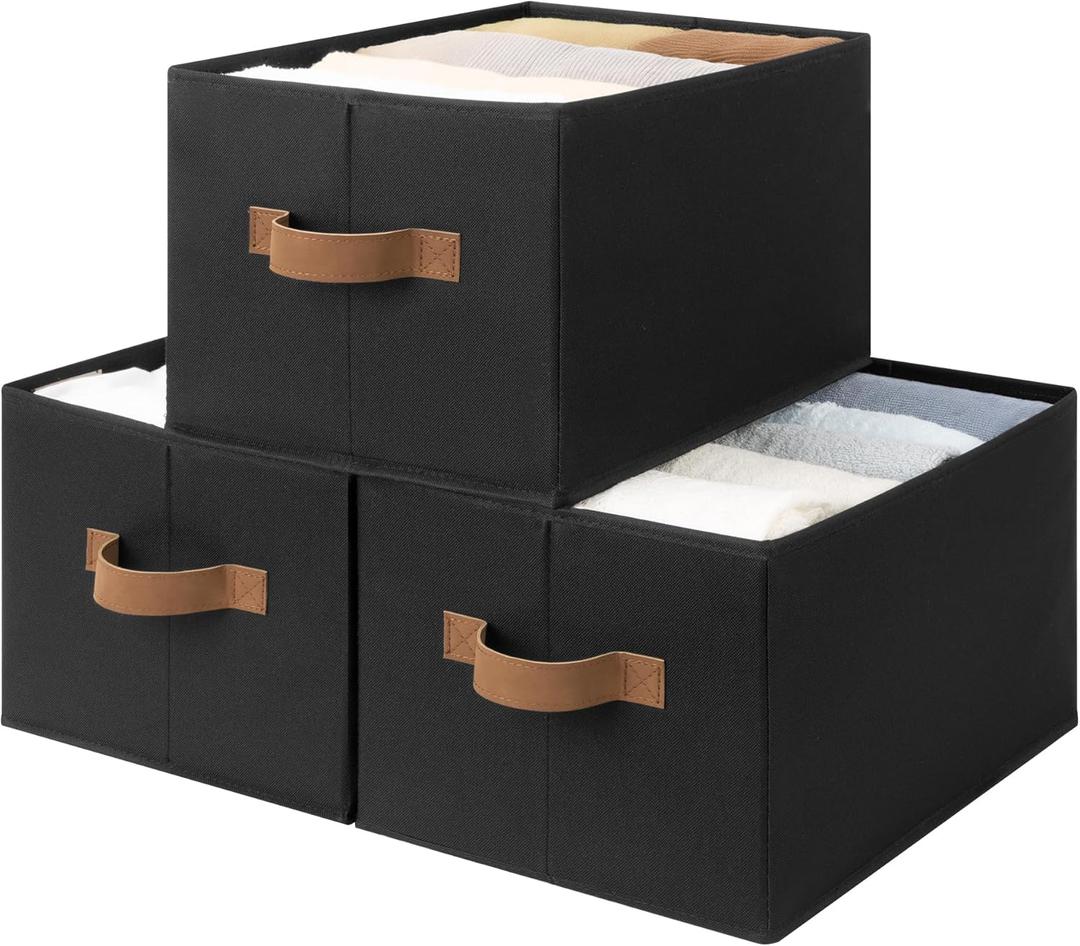StorageWorks Storage Bins for Shelves, Closet Organizers and Storage Baskets, Fabric Clothes Organizer, Foldable Laundry Baskets, Black, 3-Pack, Large