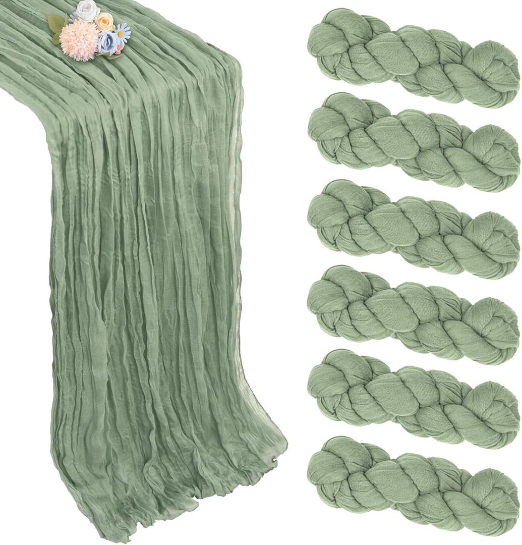 6 Pack Sage Green Table Runner 10ft Boho Gauze Fabric Cheesecloth Table Runner 35 x 120 Inch Rustic Sheer Runner for St Patricks Day Wedding Centerpiece Decor Baby Shower Party Table Decorations