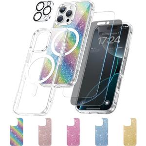 Meifigno Clear Case Designed for iPhone 16 Pro, Anti-Yellowing, Compatible with MagSafe, [2 Screen Protectors, 1 Privacy Screen, 1 Camera Screen Protector, 5 Glitter Cards] Mobile Phone Case,