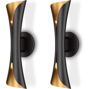 Tubicen Modern Wall Sconces Set of 2 Up and Down Wall Lights Indoor Dimmable Mid Century Modern Black and Gold Wall Sconces for Bedroom Living Room Home Theater Hardwired 15.7" H