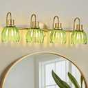 4-Light Bathroom Light Fixtures, 27" Vintage Gold Vanity Lights for Bathroom, Modern Vanity Lights with Ribbed Green Tulip Glass Shade, Wall Lamp for Mirror Living Room Hallway
