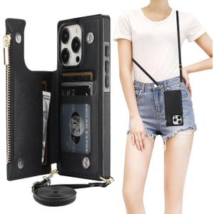 Bocasal Crossbody Wallet Case for iPhone 15 Pro with RFID Blocking Card Slot Holder, Magnetic Flip Folio Purse Case, PU Leather Zipper Handbag with Detachable Lanyard Strap 6.1 Inch 5G (Black)