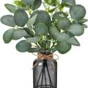 Der Rose 13.5" Fake Plants for Black Bathroom Decor Artificial Eucalyptus Stems in Black Glass Vase with Faux Water for Office Desk Accessories Farmhouse Home Table Centerpiece Decor Sage Green