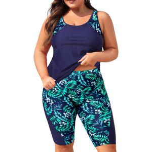 Daci Womens Plus Size Tankini Swimsuits - Tummy Control Two Piece Bathing Suits with Knee Length Shorts 2025 (Navy Leaves), 20W