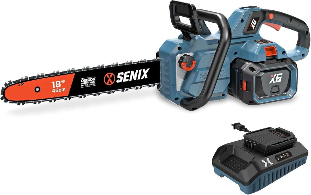 SENIX Cordless Chainsaw,60V 18" Battery Garden Tool
Brushless Electric Chain Saw, 4Ah Battery & Charger,Garden Tool for Pruning, Branch Trimming, Gifts