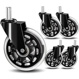 Office Chair Caster Wheels 3" Inch Roller Blade Rubber Wheels Replacement, 11mm Universal Fit Stem, Heavy Duty Smooth Gaming Office Desk Chair Caster Wheels for Hardwood Floor Carpet - Set of 5 (Black)