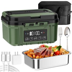 Cordless Electric Lunch Box for Adults  Battery-Powered Heated Lunch Box with 1.2L Stainless Steel Container, Timer Function, and Leak-Proof Food Warmer for Work, Travel & Office (Green)
