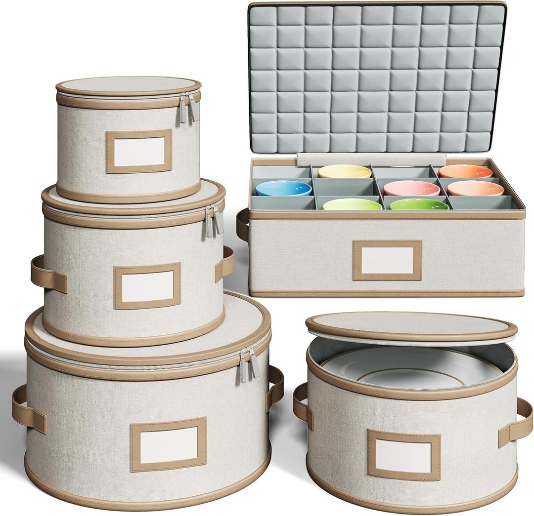 Hard Shell China Storage Containers 5 Piece Set for Storing Dinner Plates, Salad Plates, Mugs, Quilted Dividers for Safe Moving and Seasonal Storage, Beige