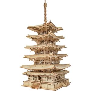 ROBOTIME 3D Puzzle Wooden Craft Kits for Adults DIY Model Building Kit Best Gift for Kids (Five-Storied Pagoda)